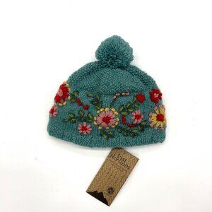 Aqua Green Pom-Pom Beanie Hand-Knitted Floral Embroidery Wool Fleece Lined